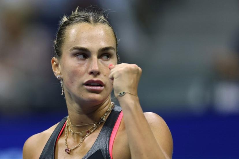 Belarus's Aryna Sabalenka celebrates after winning her women's singles second round tennis match against Russia's Polina Kudermetova on day four of the US Open tennis tournament at the USTA Billie Jean King National Tennis Center in New York City, on August 27, 2025.  CHARLY TRIBALLEAU / AFP