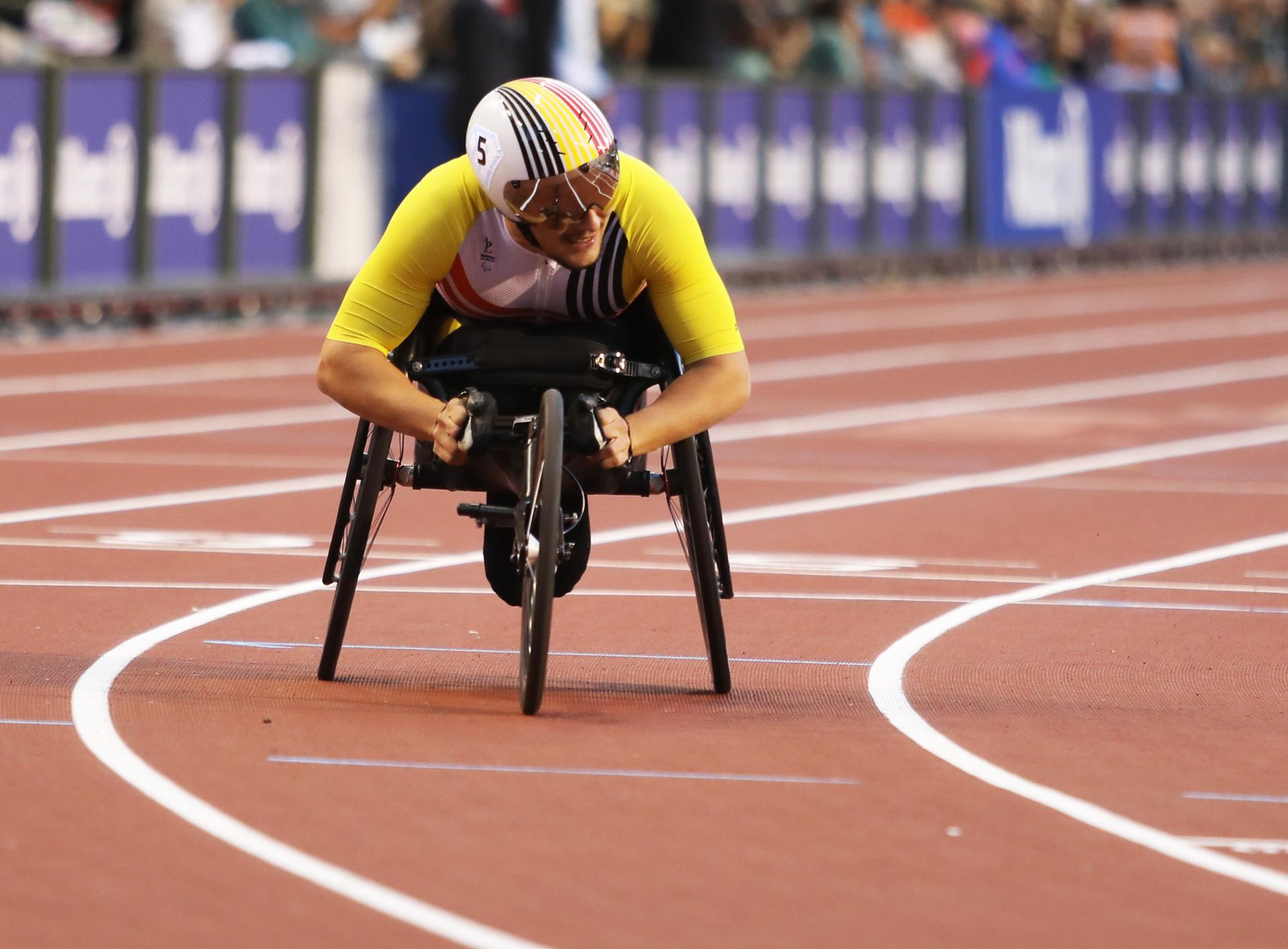 Belgian Maxime Carabin pictured during the men's 400m T52 at the 48th edition of the Memorial Van Damme athletics event in Brussels, Saturday 14 September 2024. The 2024 Allianz Memorial Van Damme Diamond League meeting takes place on 13 and 14 September 2O24. BELGA PHOTO JORGE LUIS ALVAREZ PUPO