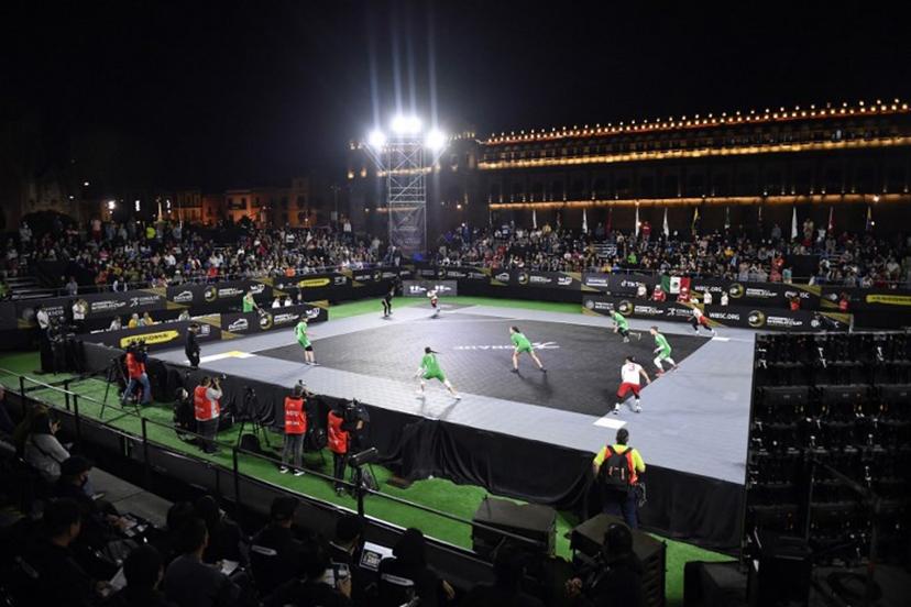 Lithuania and Mexico compete during their Baseball5 World Cup 2022 match in Zocalo square in Mexico City on November 7, 2022.  CLAUDIO CRUZ / AFP