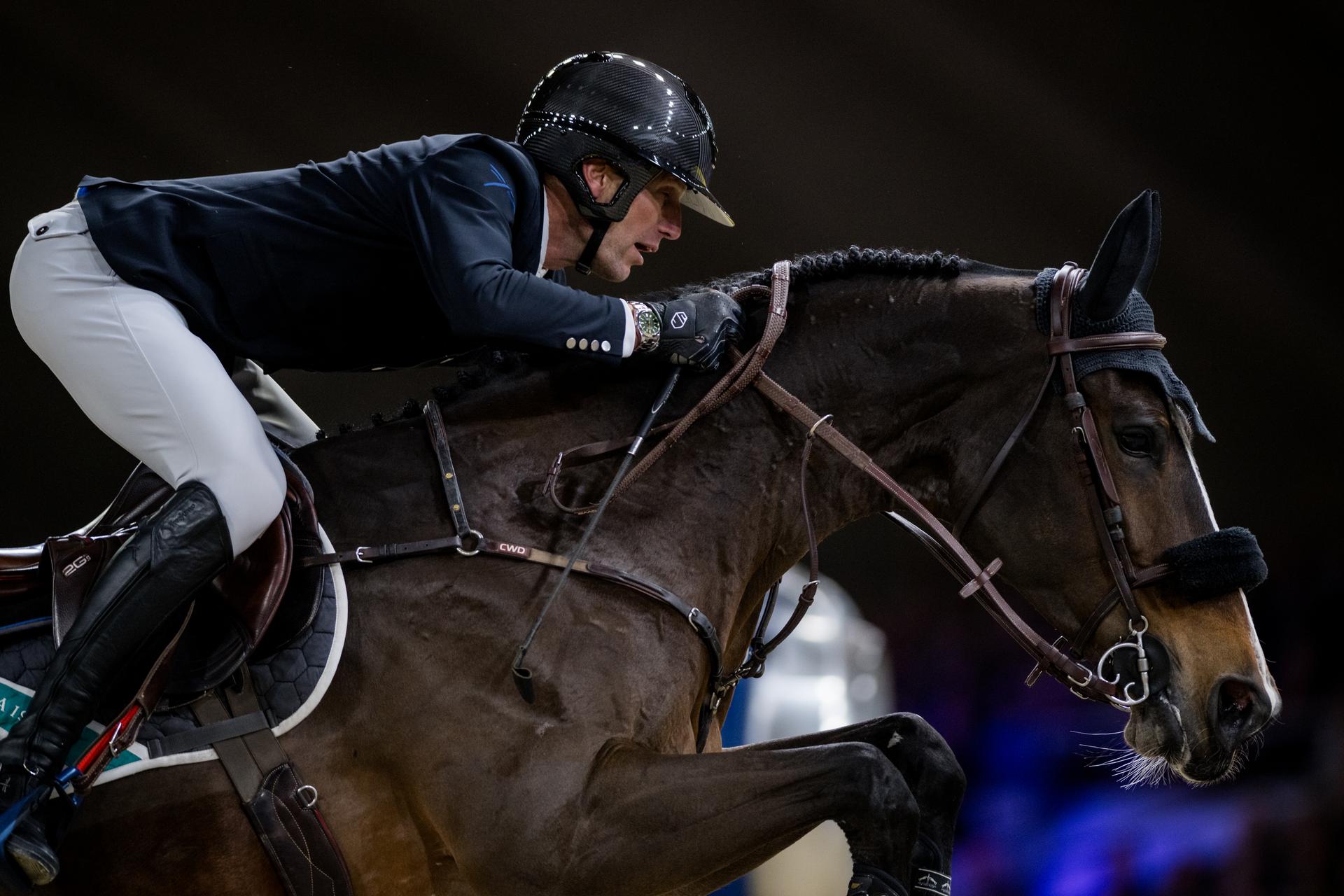 rider Kevin Staut with Visconti du Telman pictured in action during the FEI World Cup Jumping competition at the 'Vlaanderens Kerstjumping - Memorial Eric Wauters' equestrian event in Mechelen on Saturday 30 December 2023. BELGA PHOTO JASPER JACOBS