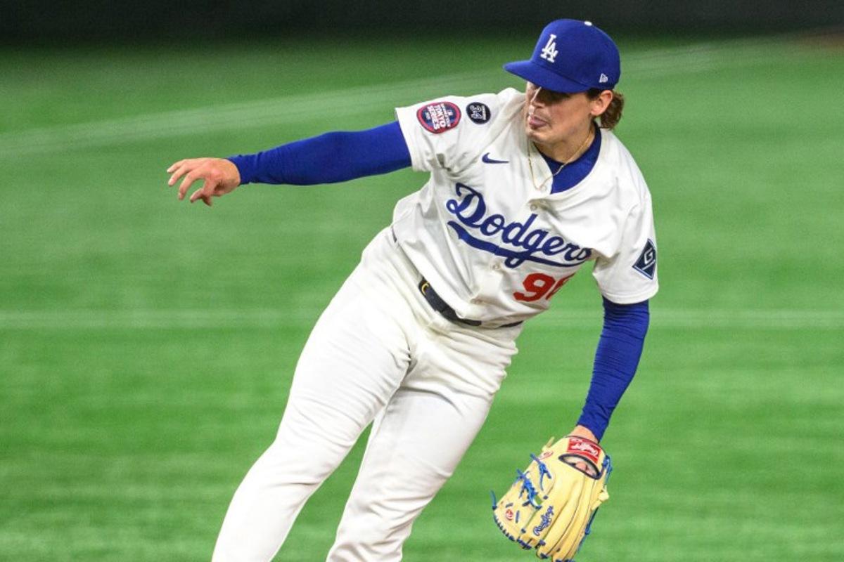 LA Dodgers' Landon Knack pitches during the baseball game between the Los Angeles Dodgers and Chicago Cubs in the MLB Tokyo Series at the Tokyo Dome in Tokyo on March 19, 2025.  Philip FONG / AFP