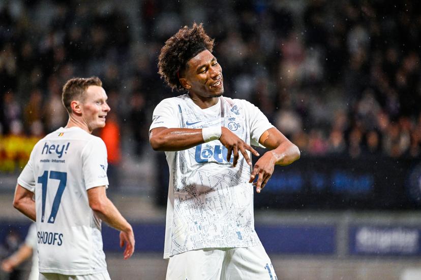 Union's Kevin Rodriguez celebrates after scoring during a soccer match between FCV Dender EH and Royale Union Saint-Gilloise, Saturday 13 September 2025 in Denderleeuw, on day 7 of the 2025-2026 'Jupiler Pro League' first division of the Belgian championship. BELGA PHOTO TOM GOYVAERTS