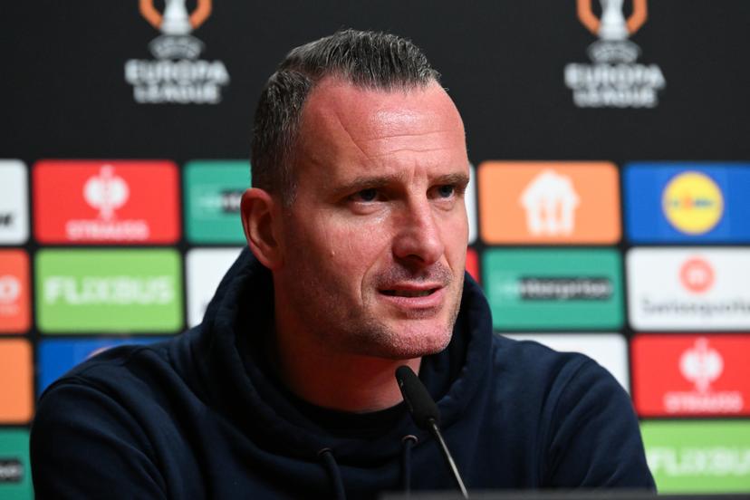 Genk's head coach Nicky Hayen pictured during a press conference of Belgian soccer team KRC Genk in Freiburg im Breisgau, Germany on Wednesday 18 March 2026. The team is preparing for tomorrow's match against German Sport-Club Freiburg, the return leg of the 1/16 Finals of the UEFA Europa League tournament. Genk won the first leg 1-0. BELGA PHOTO JILL DELSAUX