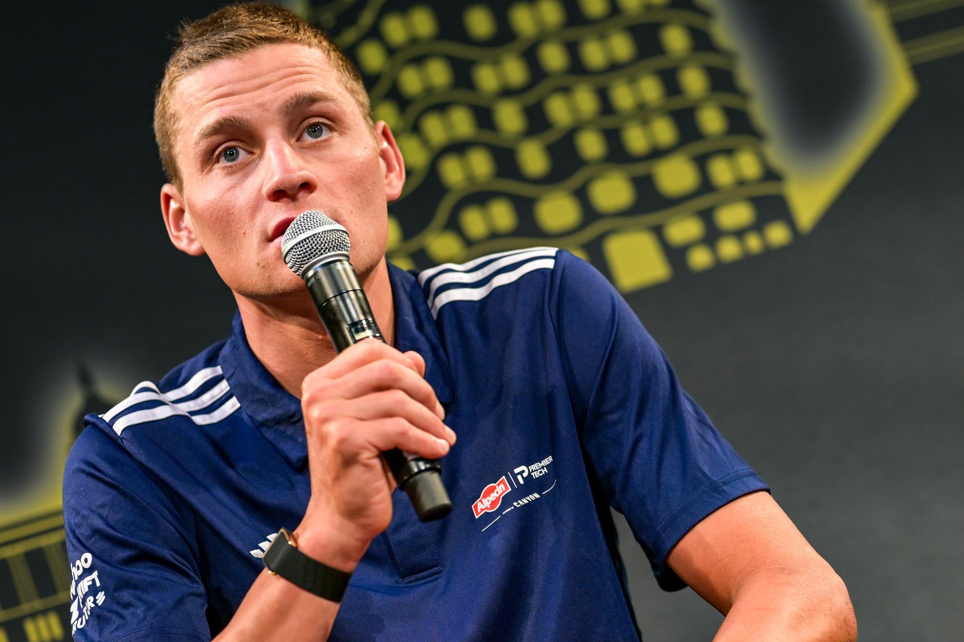 Dutch Mathieu van der Poel of Alpecin-Premier Tech pictured during a press conference ahead of the 2026 Tour de France cycling race, Thursday 02 July 2026, in Barcelona, Spain. The 113th edition of the Tour de France starts on Saturday 4 July in Barcelona, Spain, and will finish in Paris, France on the 26th of July. BELGA PHOTO DAVID PINTENS
