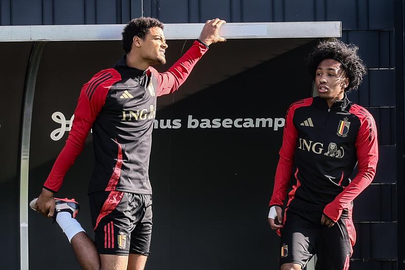 Belgium's Koni De Winter and Belgium's Malick Fofana pictured during a training session of the Belgian national soccer team Red Devils, at the Royal Belgian Football Association's training center, in Tubize, Tuesday 08 October 2024. The Red Devils are playing against Italy on Thursday, for the UEFA Nations League 2025. BELGA PHOTO BRUNO FAHY