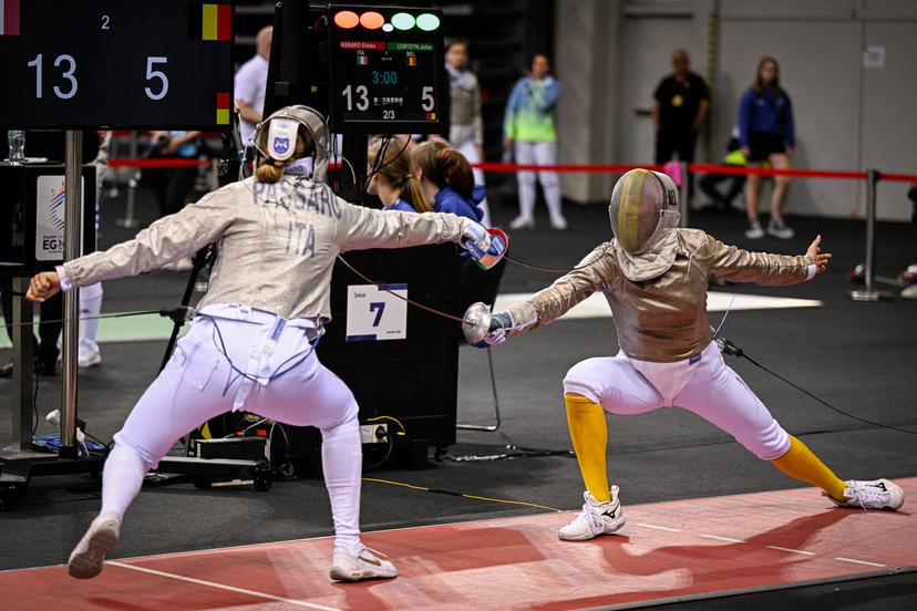 Fencing Athlete Jolien Corteyn pictured in action during a fight in the 1/16 round of the women's sabre competition, at the European Games in Krakow, Poland on Tuesday 27 June 2023. The 3rd European Games, informally known as Krakow-Malopolska 2023, is a scheduled international sporting event that will be held from 21 June to 02 July 2023 in Krakow and Malopolska, Poland. BELGA PHOTO LAURIE DIEFFEMBACQ