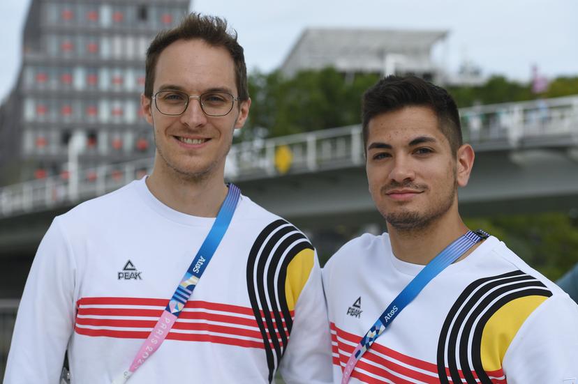 Belgian table tennis player Cedric Nuytinck and Belgian table tennis player Martin Allegro pictured during a press conference in preparation of the Paris 2024 Olympic Games, Thursday 25 July 2024 in Paris, France. The 2024 Summer Olympics take place in Paris from 26 July to 11 August. The Belgian delegation counts 165 athletes in 21 sports. BELGA PHOTO TONY BEHAR  *** BELGIUM ONLY ***