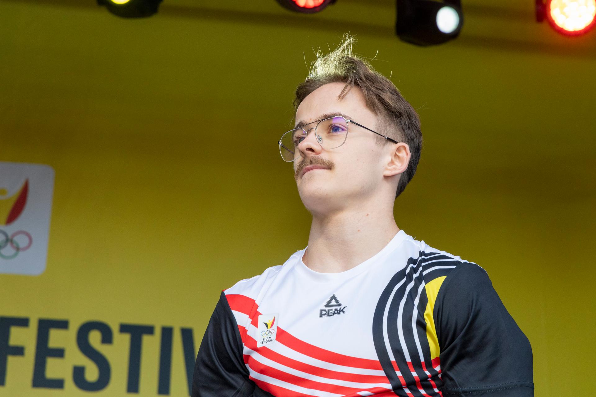 Belgian gymnast Glen Cuyle pictured during celebrations at the Olympic Festival, on Wednesday 07 August 2024 in Middelkerke. The Games of the XXXIII Olympiad are taking place in Paris from 26 July to 11 August. The Belgian delegation counts 165 athletes in 21 sports. BELGA PHOTO NICOLAS MAETERLINCK