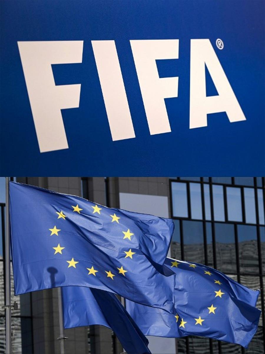 (COMBO) This combination of files pictures created on July 29, 2026 shows the FIFA logo during a press conference held by the president of the football's governing body at the FIFA Executive Football Summit on February 15, 2019 in Istanbul and European flags fluttering outside the EU Council headquarters in Brussels on March 18, 2026.  EU sports chief on July 29, 2026 hit out at FIFA's plans to sell a stake in its competitions including the World Cup, warning international football's governing body: "Hands off our game." OZAN KOSE, Nicolas TUCAT / AFP