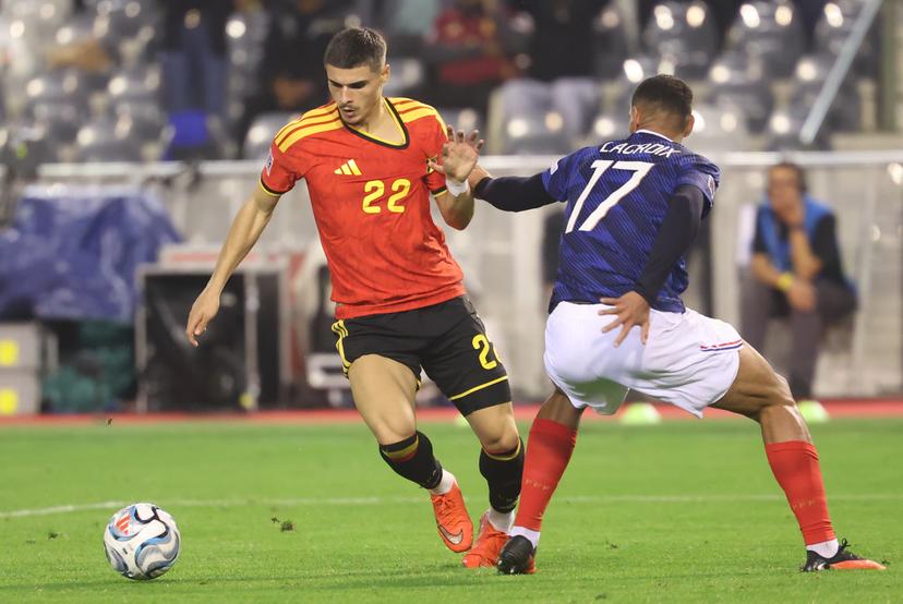 Belgium's Matias Fernandez-Pardo and France's Maxence Lacroix fight for the ball during a soccer game between Belgian national team Red Devils and France, on Monday 28 September 2026  in Brussels, the second game of the UEFA Nations League group stage. BELGA PHOTO VIRGINIE LEFOUR