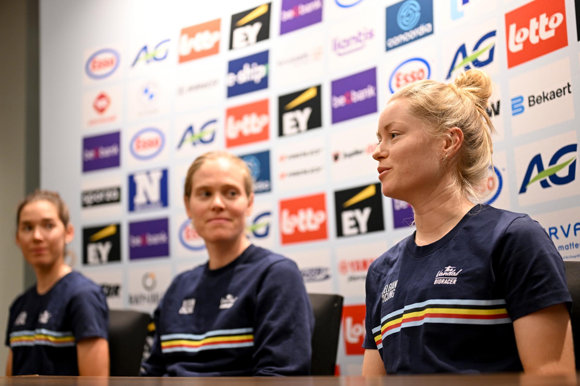 Belgian Marieke Meert, Belgian Julie Van De Velde and Belgian Margot Vanpachtenbeke pictured during a press conference at the cycling road World Championships, in Kigali, Rwanda, Thursday 25 September 2025. The 2025 UCI Road World Championships take place from 21 to 28 September in Kigali, Rwanda. BELGA PHOTO DIRK WAEM