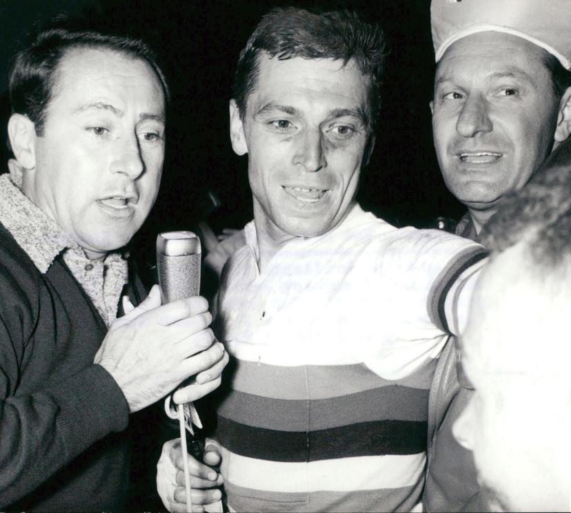 After his brilliant victory in the French classic Paris-Roubaix, world champion Rik Van Looy is interviewed by RTF reporter Robert Chapatte, 9 April 1961. BELGA PHOTO Belga Sport