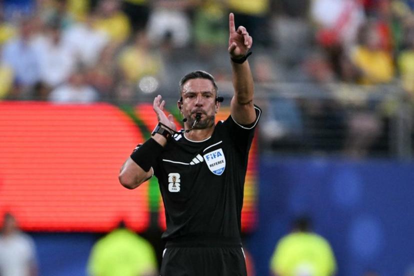 Slovene referee Slavko Vincic blows the whistle at the end of the 2026 World Cup Group C football match between Brazil and Morocco at the New York/New Jersey Stadium in East Rutherford on June 13, 2026.  Mauro PIMENTEL / AFP
