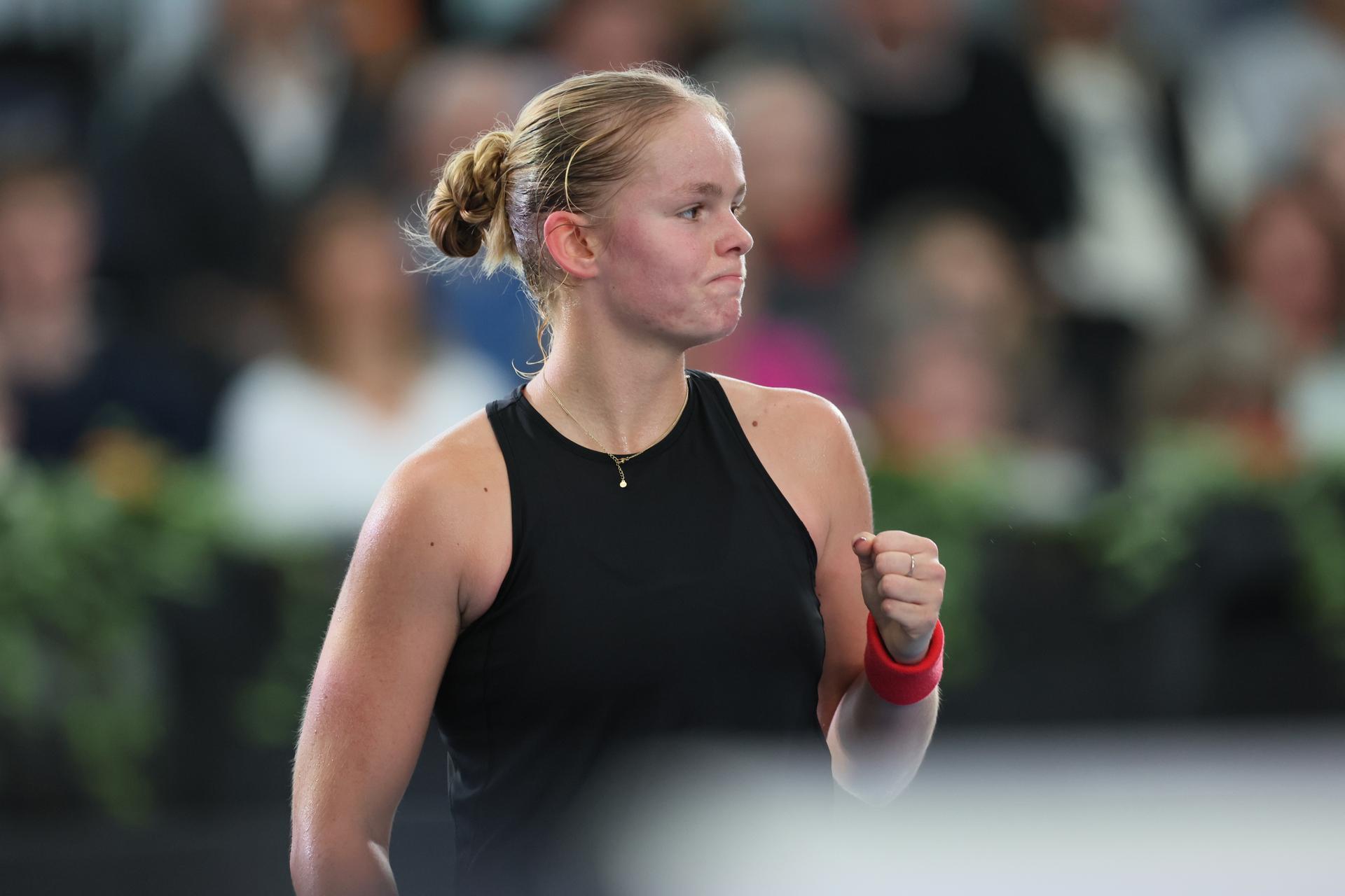 Belgian Jeline Vandromme reacts during the first game between Belgian Vandromme and German Friedsam in the Billie Jean King Cup Play-offs, between Belgium and Germany, on Sunday 16 November 2025 in Ismaning, Germany. PHOTO BENOIT DOPPAGNE