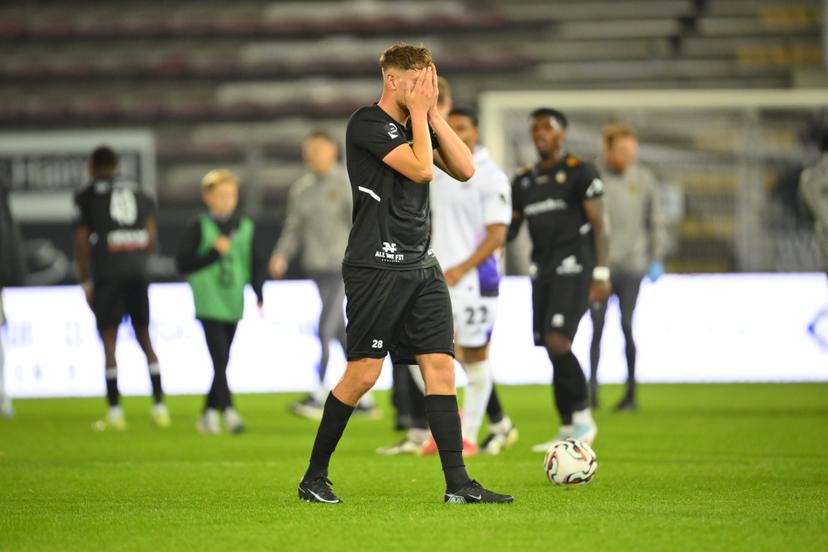 Olympic's Elias Spago reacts after a soccer game between Royal Olympic Charleroi and RSCA Futures, Tuesday 23 September 2025 in Charleroi, on day 7 of the 2025-2026 'Challenger Pro League' 1B second division of the Belgian championship. BELGA PHOTO JOHN THYS