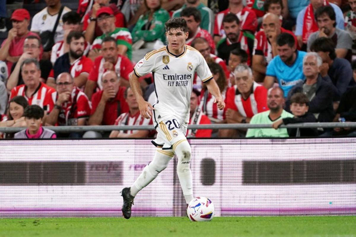 Real Madrid's Spanish defender #20 Fran Garcia controls the ball during the Spanish Liga football match between Athletic Bilbao and Real Madrid at the San Mames stadium in Bilbao on August 12, 2023.   CESAR MANSO / AFP