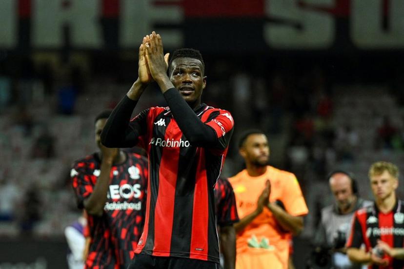 Nice's Dominican midfielder #08 Pablo Rosario reacts after the team's 3-1 win over Auxerre during the French L1 football match between OGC Nice and AJ Auxerre at the Allianz Riviera Stadium in Nice, south-eastern France, on August 23, 2025.   Frederic DIDES / AFP