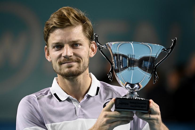 Belgian David Goffin celebrates with the trophy after winning a tennis match between Belgian Goffin and Swedish Ymer, the final of the men's singles at the BW Open ATP Challenger tournament, in Louvain-la-Neuve, Sunday 29 January 2023. BELGA PHOTO JOHN THYS
