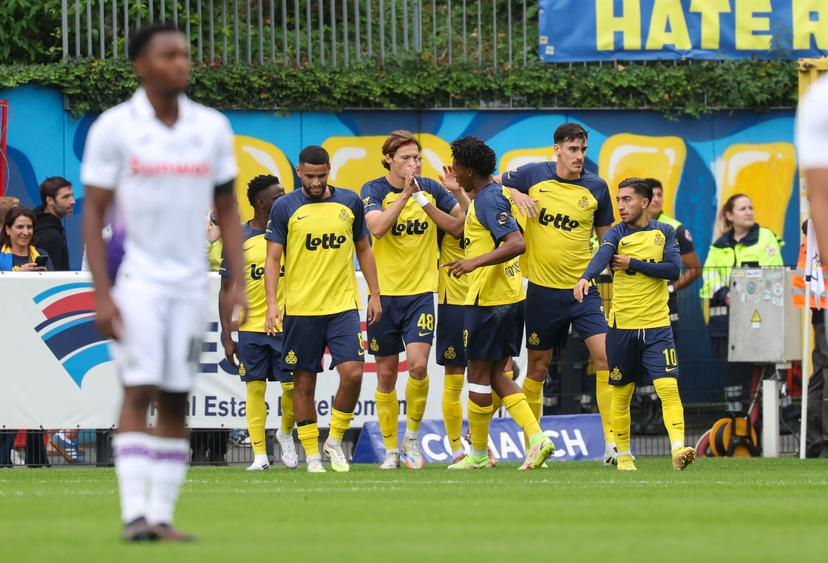 Union's players celebrate after scoring during a soccer match between Royale Union Saint-Gilloise and RSC Anderlecht, Sunday 31 August 2025 in Brussels, on day 6 of the 2025-2026 'Jupiler Pro League' first division of the Belgian championship. BELGA PHOTO VIRGINIE LEFOUR