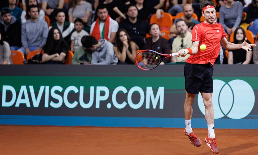 Belgian Sander Gille pictured in action during a doubles tennis match between Bulgarian Donski/Nesterov and Belgian Gille/Vliegen, match 3 of the qualifier of the Davis Cup on Sunday 08 February 2026, in Plovdiv, Bulgaria. Belgium will compete this weekend in the Davis Cup qualifiers against Bulgaria. BELGA PHOTO BENOIT DOPPAGNE