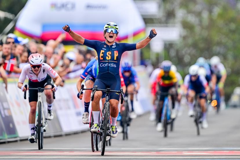 Spanish Paula Ostiz celebrates as she crosses the finish line at the junior women road race (74 km) at the cycling road World Championships in Kigali, Rwanda, Saturday 27 September 2025. The 2025 UCI Road World Championships take place from 21 to 28 September in Kigali, Rwanda. BELGA PHOTO DIRK WAEM