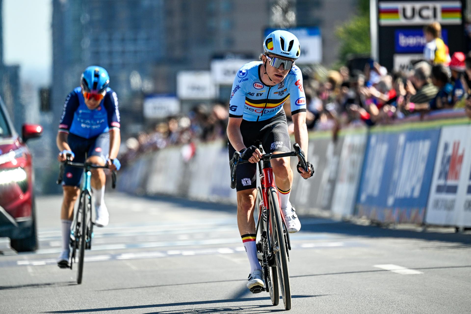Belgian Niels Driesen crosses the finish line at the Men U23 Road Race race (174,2km) at the cycling World Championship, in Montreal, Canada, Friday 25 September 2026. The UCI road world championships are taking place from 20 to 27 September, in Montreal, Canada. BELGA PHOTO JASPER JACOBS
