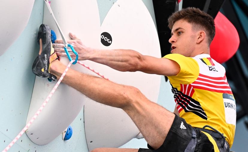 Belgian climber Hannes Van Duysen pictured in action during the men's Lead semi-final of the sport climbing event at the Paris 2024 Olympic Games, on Wednesday 07 August 2024 in Paris, France. The Games of the XXXIII Olympiad are taking place in Paris from 26 July to 11 August. The Belgian delegation counts 165 athletes competing in 21 sports. BELGA PHOTO JASPER JACOBS