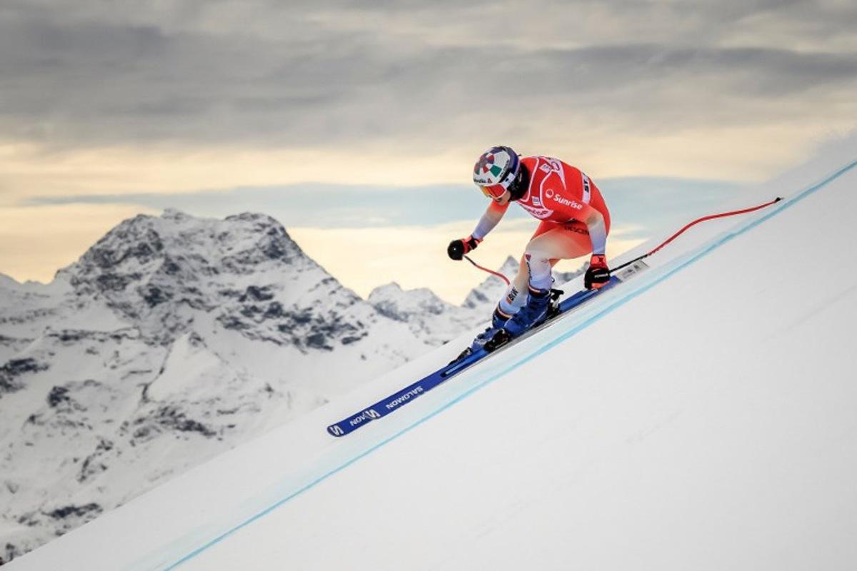 Switzerland's Michelle Gisin competes during a Women's downhill training as part of the FIS Alpine ski World Cup 2025-2026, in St Moritz on December 11, 2025.  Fabrice COFFRINI / AFP