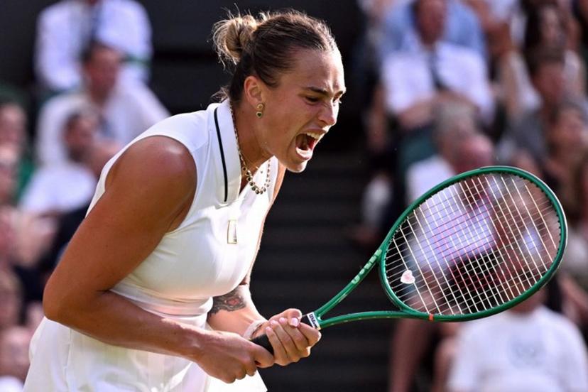 Belarus's Aryna Sabalenka reacts as she plays against Japan's Naomi Osaka during their women's singles round of 16 tennis match on the seventh day of the 2026 Wimbledon Championships at The All England Lawn Tennis and Croquet Club in Wimbledon, southwest London, on July 5, 2026.  Kirill KUDRYAVTSEV / AFP