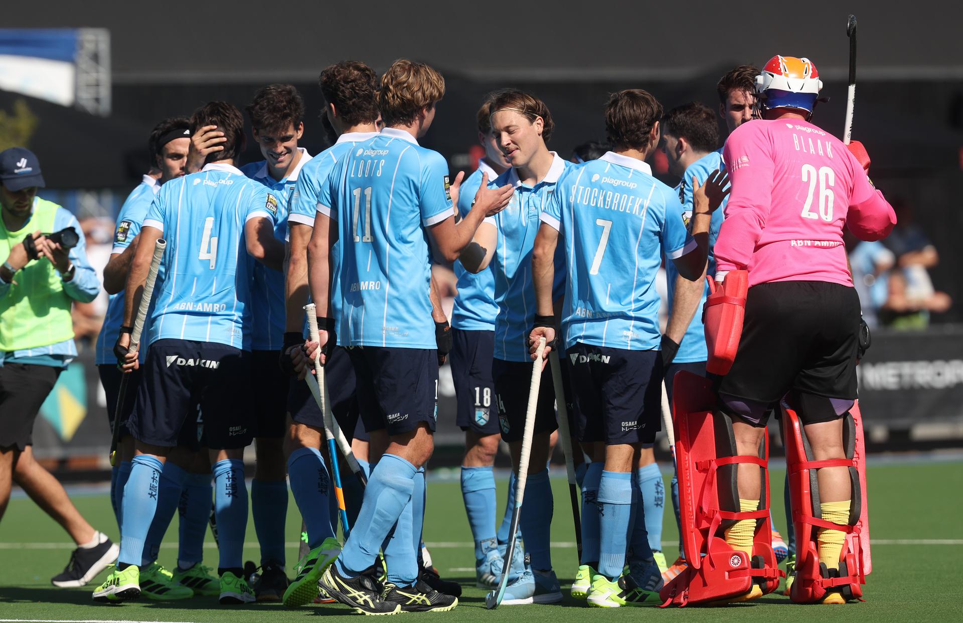 Braxgata's players pictured at the start of a hockey game between Braxgata and Waterloo Ducks, Saturday 06 September 2025 in Boom, on day 1 of the Belgian Men Hockey League season 2025-2026. BELGA PHOTO VIRGINIE LEFOUR