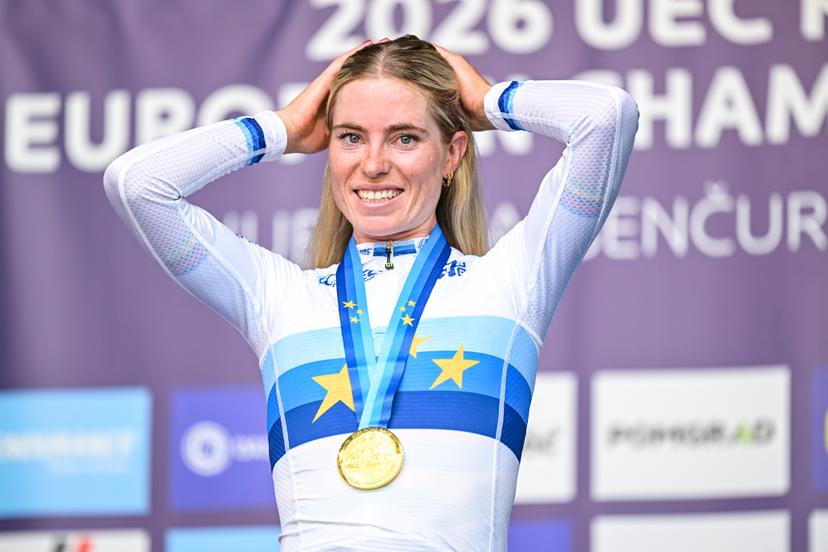 Dutch Demi Vollering , winner of the gold medal celebrates on the podium of the elite women Road Race race (130 km) at the cycling UEC Road European Championships, in Ljubljana, Slovenia Saturday 3 October 2026. The UEC Road European Championships are taking place from 02 to 07 October in Ljubljana, Slovenia. BELGA PHOTO DAVID PINTENS