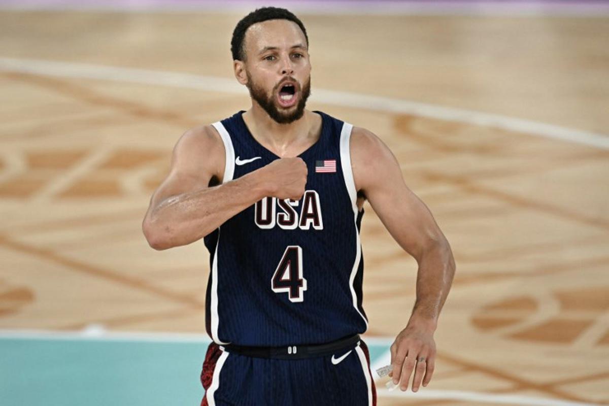 US' Stephen Curry reacts in the men's Gold Medal basketball match between France and USA during the Paris 2024 Olympic Games at the Bercy Arena in Paris on August 10, 2024.  Paul ELLIS / AFP