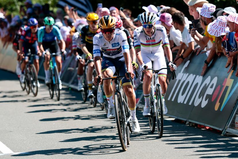 Belgian Remco Evenepoel of Soudal Quick-Step and Slovenian Tadej Pogacar of UAE Team Emirates pictured in action during stage seven of the 2025 Tour de France cycling, from Saint-Malo to Mur-de-Bretagne (194 km), on Friday 11 July 2025 in France. The 112th edition of the Tour de France starts on Saturday 5 July in Lille, France, and will finish in Paris, France on the 27th of July. BELGA PHOTO POOL LUCA BETTINI