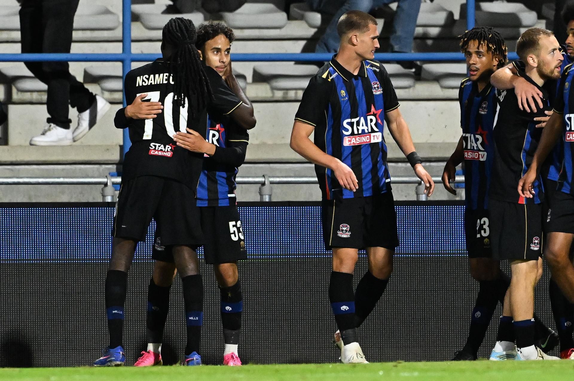Dender's Adam Nhaili celebrates after scoring during a soccer match between FCV Dender EH and Patro Eisden Maasmechelen, Sunday 20 September 2026 in Denderleeuw, on day 6 of the 2026-2027 'Challenger Pro League' 1B second division of the Belgian championship. BELGA PHOTO JILL DELSAUX