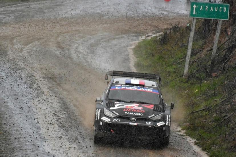 French driver Sebastien Ogier and co-driver Vincent Landais compete in their Toyota GR Yaris Rally1 during the second day of the WRC Rally Chile Bio Bio in Concepcion, Chile, on September 13, 2025.  GUILLERMO SALGADO / AFP
