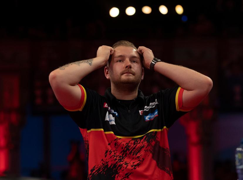 ATTENTION EDITORS - HAND OUT PICTURES - EDITORIAL USE WITH STORY ON DARTS WORLD MATCHPLAY ONLY - MANDATORY CREDIT LAWRENCE LUSTIG/PDC  Hand out pictures released on Sunday 25 July 2021, by PDC Professional Darts Corporation shows Belgian Dimitri Van den Bergh celebrates after winning the game between Belgian Dimitri Van den Bergh and Polish  Krzysztof Ratajski, in the semi-final of the Betfred World Matchplay, in Blackpool, UK. MANDATORY CREDIT LAWRENCE LUSTIG/PDC