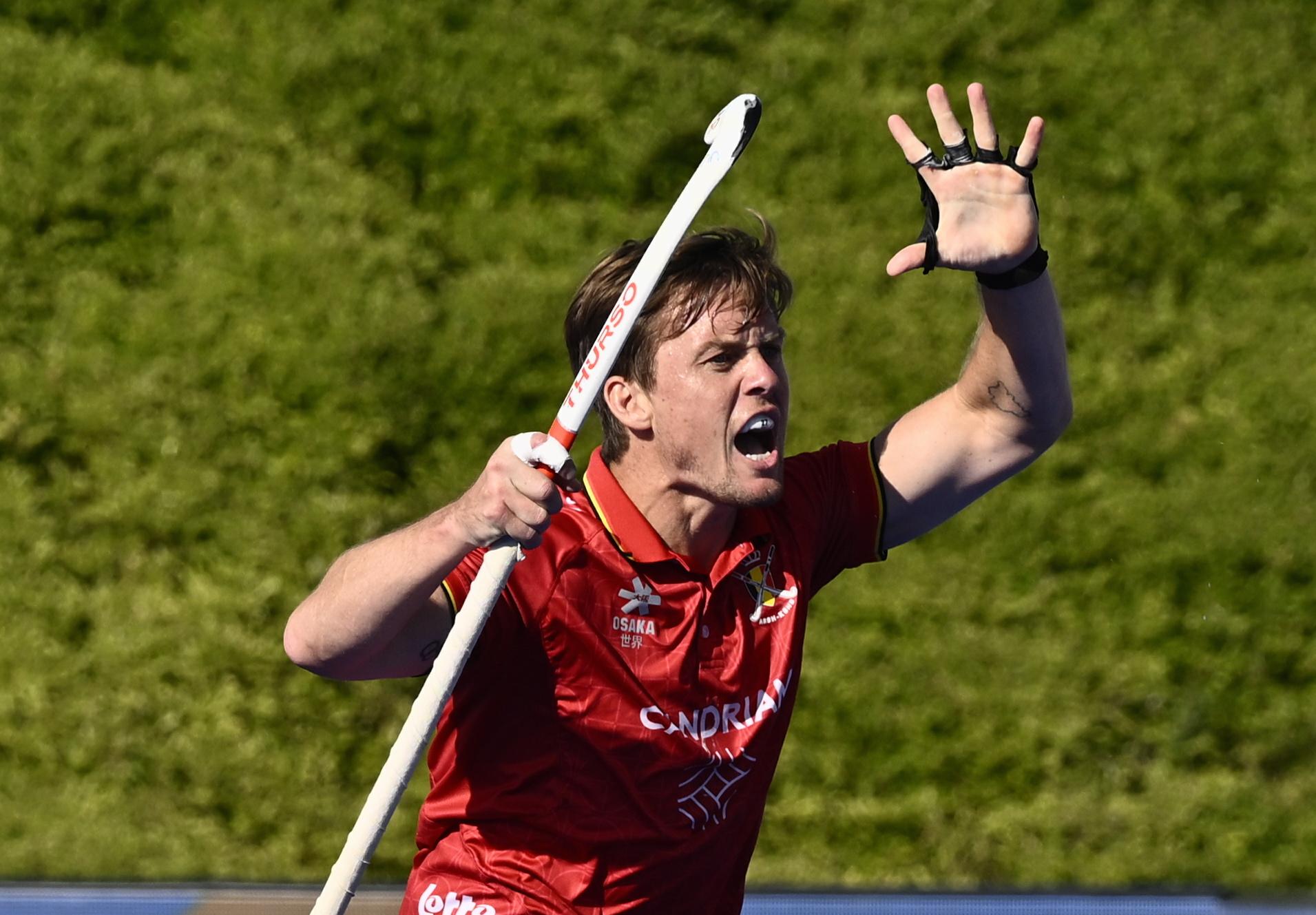 Belgium's Tom Boon reacts during a hockey game between Belgian national team Red Lions and The Netherlands, match 2/3 in the pool stage of the 2025 men's European championships, Sunday 10 August 2025 in Monchengladbach, Germany. BELGA PHOTO ERIC LALMAND