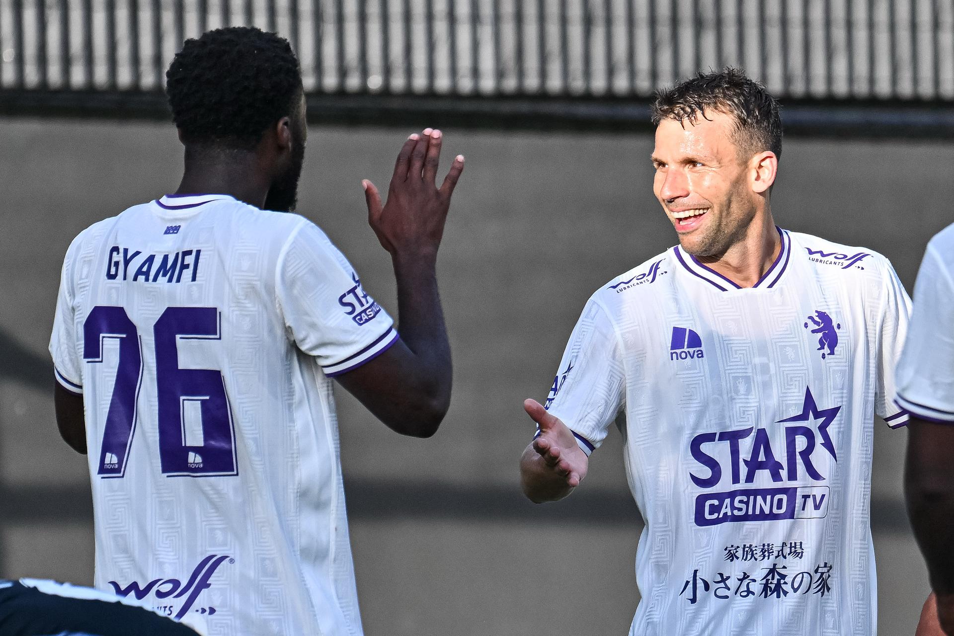 Beerschot's Lukas Van Eenoo celebrate after scoring during a soccer game between Crossing Schaerbeek and Beerschot VA, in the 6th round of the Croky Cup Belgian cup on Sunday 27 September 2026 in Schaarbeek, Brussels. BELGA PHOTO EMILE WINDAL