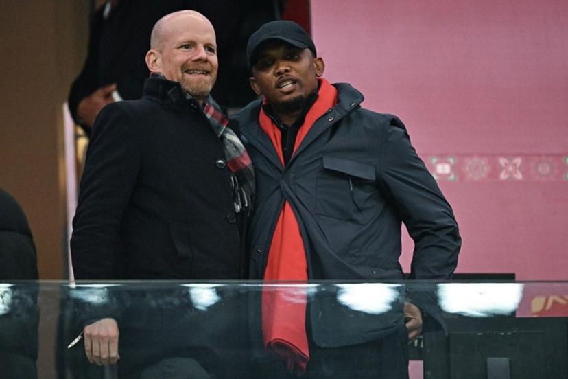 Brazilian Fifa Deputy Secretary general Mattias Grafstrom (L) speaks with President of the Cameroonian Football Federation, Samuel Eto'o (C) before the Africa Cup of Nations (CAN) quarter-final football match between Cameroon and Morocco at the Prince Moulay Abdallah stadium in Rabat on January 9, 2026.   Gabriel BOUYS / AFP