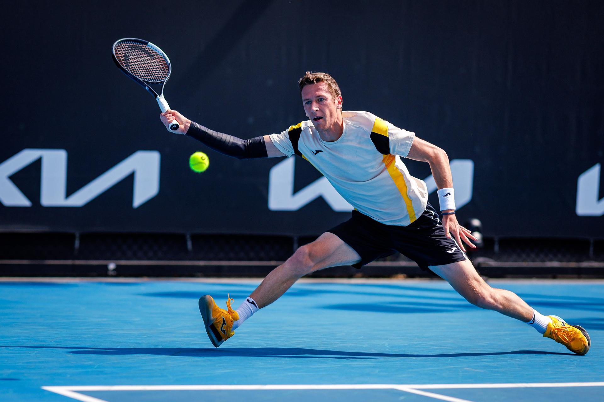 Belgium's Kimmer Coppejans pictured in action during a third round qualifying match in the men's singles against USA's Svajda at the Australian Open, Melbourne Park, Melbourne on Thursday 15 January 2026.  BELGA PHOTO PATRICK HAMILTON  --- BENELUX ONLY   ---