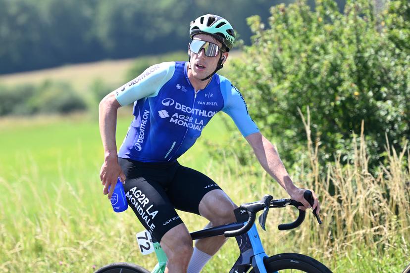 Belgian Sander De Pestel of Decathlon AG2R La Mondiale Team pictured in action during the men's elite road race of the Belgian Cycling Championships, 230km from and to the Grand Place square in Binche on Sunday 29 June 2025. BELGA PHOTO POOL NICO VEREECKEN