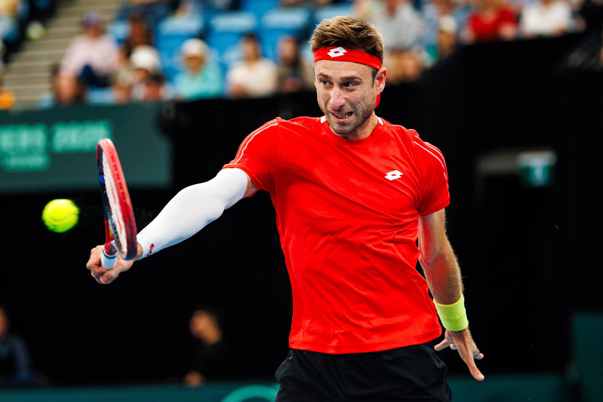 Belgian Sander Gille pictured in action duringa a tennis match between Belgian Vliegen/Gille and Australian Hijikata/Thompson, during the qualifier of the Davis Cup, Sunday 14 September 2025, in Sydney, Australia. Belgium and Australia will compete this weekend in the second round of the Davis Cup qualifiers. BELGA PHOTO PATRICK HAMILTON