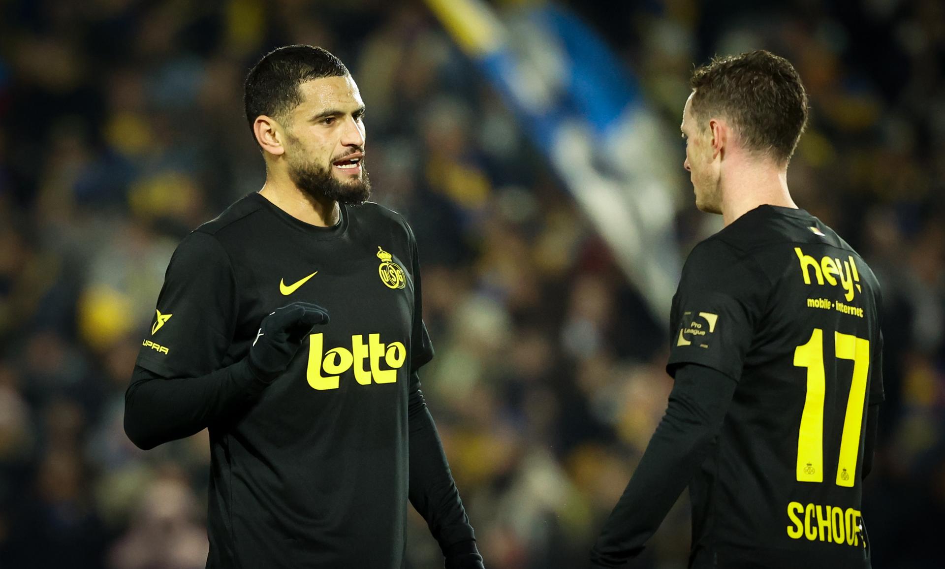 Union's Adem Zorgane and Union's Rob Schoofs fight for the ball during a soccer game between Royale Union Saint-Gilloise and SV Zulte Waregem, in the 1/8 final of the Croky Cup Belgian cup, Wednesday 03 December 2025 in Brussels. BELGA PHOTO VIRGINIE LEFOUR