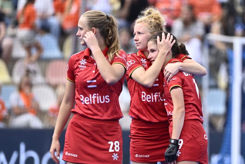 The Red Panthers pictured during a hockey game between Spain and the Belgian national team Red Panthers, the 'small final' to decide on the bronze medal of the 2025 women's European championships, Sunday 17 August 2025 in Monchengladbach, Germany.  BELGA PHOTO ERIC LALMAND