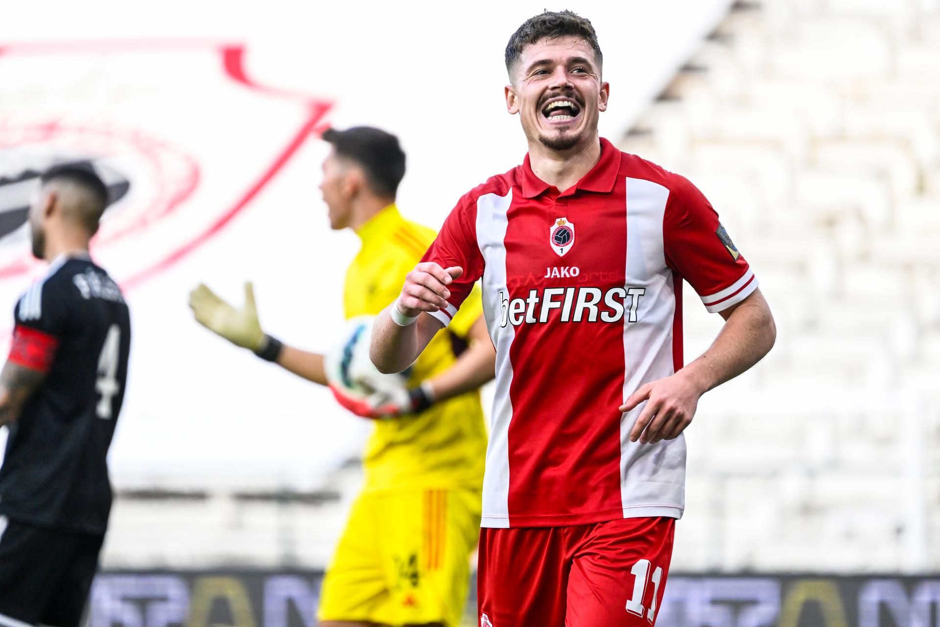 Antwerp's Arbnor Muja celebrates after scoring during a soccer match between Royal Antwerp FC and KAS Eupen, on day 10 of the 2023-2024 season of the 'Jupiler Pro League' first division of the Belgian championship, in Antwerp Sunday 08 October 2023. BELGA PHOTO TOM GOYVAERTS