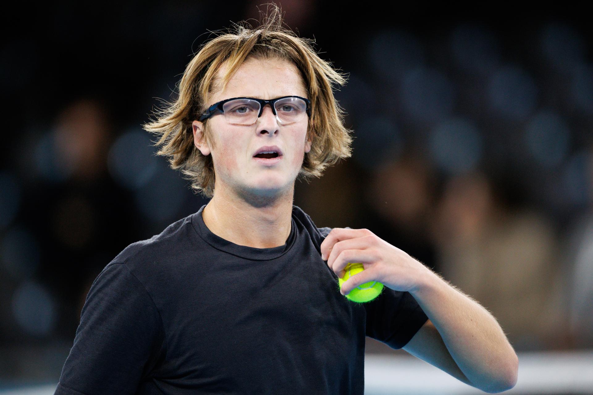Belgian Jack Loge pictured during a qualification game between Belgian Loge and Kazach Yeseyev in the men's singles at the BW Open ATP Challenger 125 tournament, in Louvain-la-Neuve, Monday 22 January 2024. THE BW Open takes place from 22 to 28 January. BELGA PHOTO BENOIT DOPPAGNE