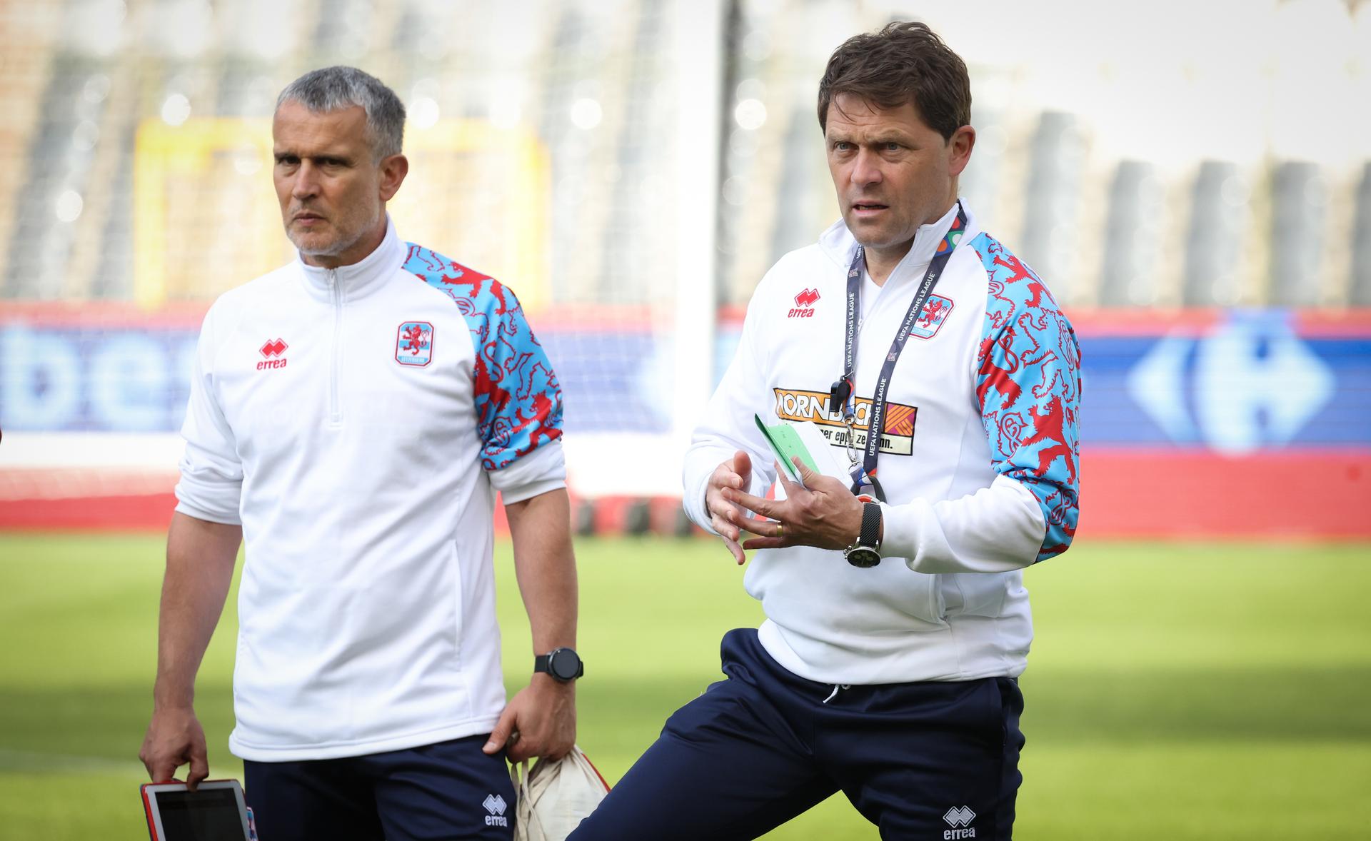 Luxembourg's head coach Luc Holtz talks to his players during a training session of the Luxembourg national soccer team, at the King Baudouin stadium in Brussels, Friday 07 June 2024. Luxembourg will play against Belgian national soccer team Red Devils on Saturday in preparation of the Euro 2024 European Championships in Germany. BELGA PHOTO VIRGINIE LEFOUR