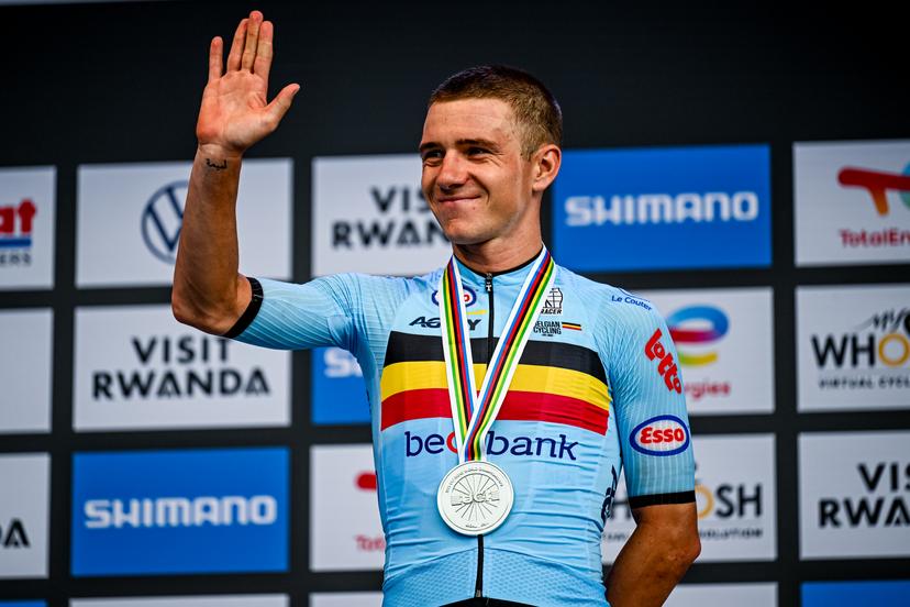 Belgian Remco Evenepoel pictured on the podium after the elite men road race (267,5 km) at the cycling road World Championships in Kigali, Rwanda, Sunday 28 September 2025. The 2025 UCI Road World Championships take place from 21 to 28 September in Kigali, Rwanda. BELGA PHOTO DIRK WAEM