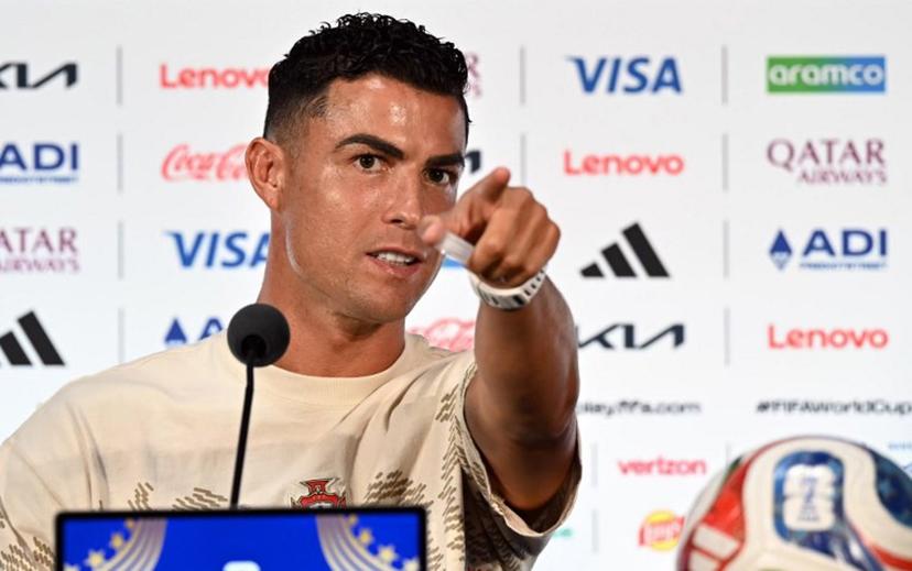 Portugal's forward #07 Cristiano Ronaldo answers to journalists during a press conference at the Dallas Stadium in Arlington, Texas on July 5, 2026, on the eve of the 2026 World Cup round of 16 football match between Portugal and Spain.  Paul ELLIS / AFP