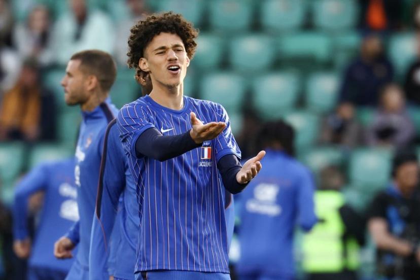 France's forward #25 Maghnes Akliouche reacts during a warm up session before the international friendly football match between France and Ivory Coast ahead of the 2026 FIFA World Cup football tournament at the Stade de la Beaujoire in Nantes, western France, on June 4, 2026.  FRANCK FIFE / AFP
